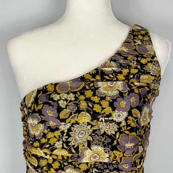 Zara Womens One Shoulder Floral Ruched Bodycon Mini Dress Yellow Purple Small - Picture 4 of 12